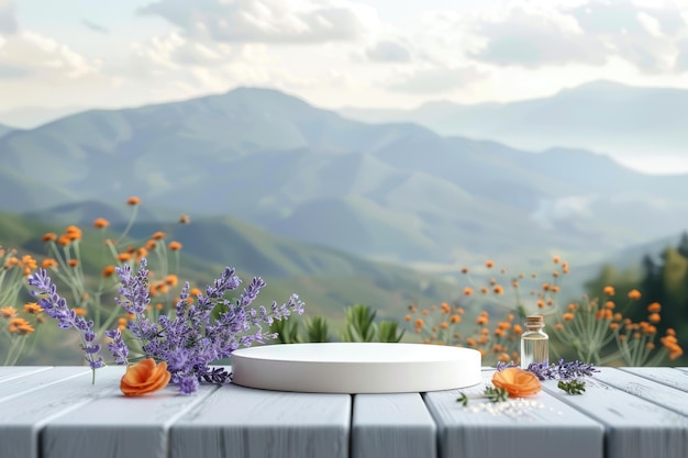 Stand di medicina a base di erbe modello di podio vuoto su tavolo per integratori medicina alternativa omeopatia trattamento a base di herbe prodotti naturali con banner e spazio di copia per la pubblicità e la promozione