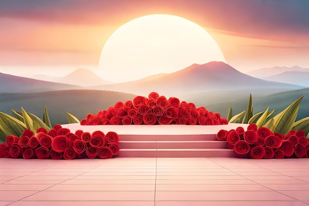 Stand di presentazione con bouquet di rose rosse