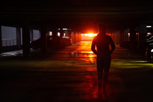 Stand donna al parcheggio guarda il tramonto arancione