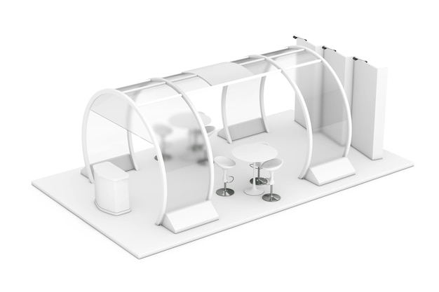 Stand fieristico commerciale bianco in stile argilla su sfondo bianco. Rendering 3D