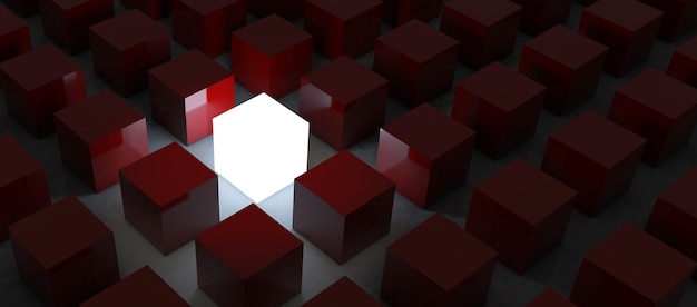 Stand out from the crowd and different creative idea concepts , One glowing light cube shining among other dim cubes in the dark night background with reflections and shadows . 3D rendering