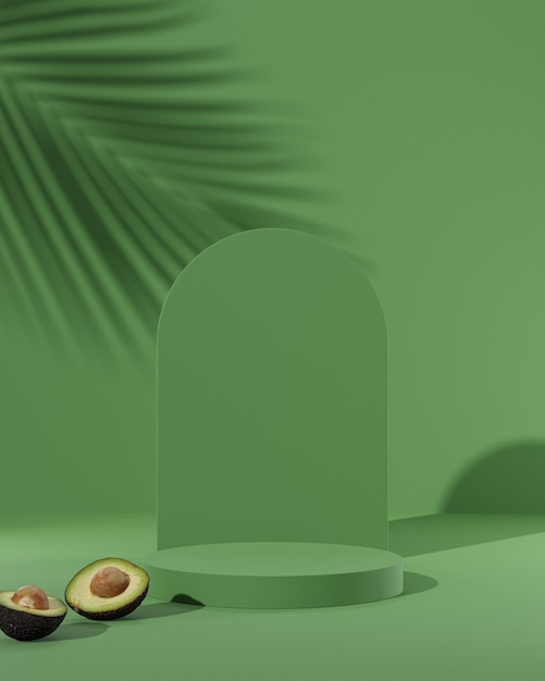 Stand podio verde con rendering 3d di avocado