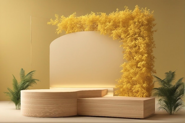 Stand pubblicitario con podio in legno su sfondo giallo con foglie Podio prodotto 3d