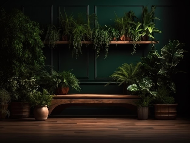 Stand pubblicitario per prodotti cosmetici mostra podio in legno su sfondo verde con foglie e sha