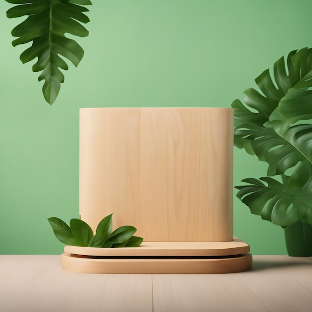 stand pubblicitario per prodotti cosmetici mostra podio in legno su sfondo verde con foglie