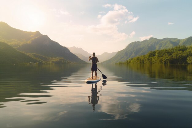 Standup paddleboarding su un lago calmo con un'estate sullo sfondo delle montagne