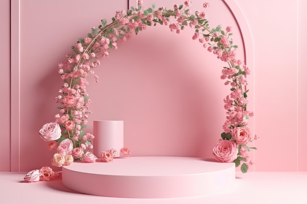 Stanza a tema rosa con tavolo bianco e parete rosa IA generativa
