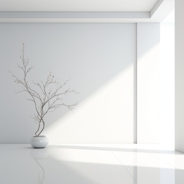 Stanza bianca minimalista con un albero zen in vaso
