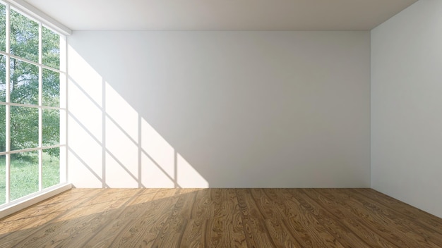 Stanza bianca vuota con ampia finestra panoramica e pavimento in legno