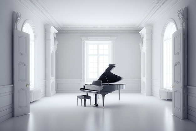 Stanza bianca vuota con un pianoforte a coda bianco