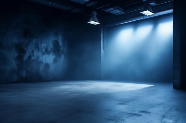Stanza buia vuota con una luce blu e una luce che risplende sul muro