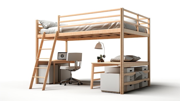 Stanza con letto, scrivania e scale Spazio interno semplice e funzionale