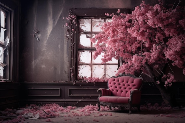stanza con un enorme albero di ciliegio in fiore