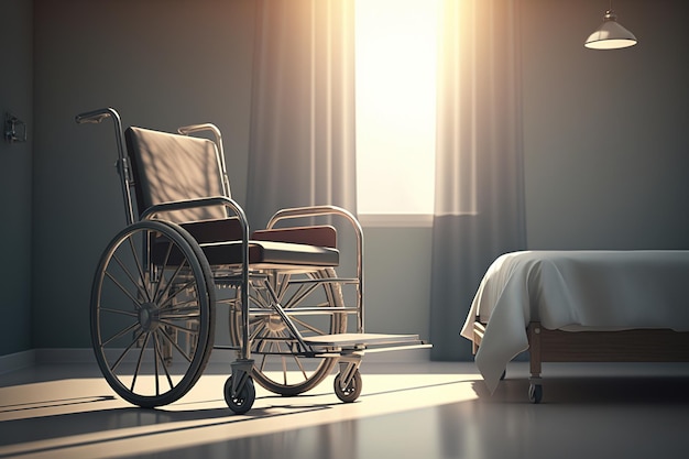 Stanza d'ospedale con sedia a rotelle vuota e letto del paziente