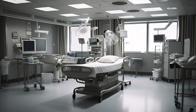 Stanza d'ospedale pulita con attrezzatura chirurgica illuminata generata dall'intelligenza artificiale