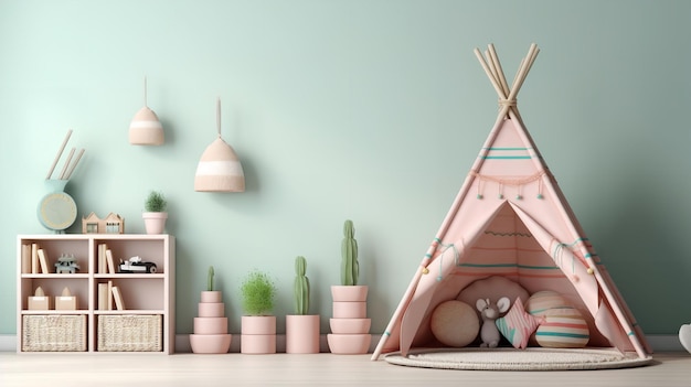 Stanza del bambino minimalista adornata con un teepee rosa e giocattoli in ceramica estetica realismo 3D