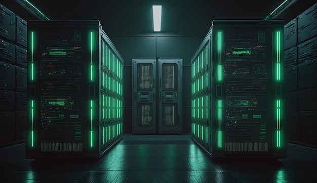Stanza del data center dei server scuri con computer e sistemi di archiviazione blu e luce al neon