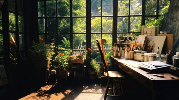 stanza dell'artista posto di lavoro atmosferico con vista sulla foresta dalla finestra