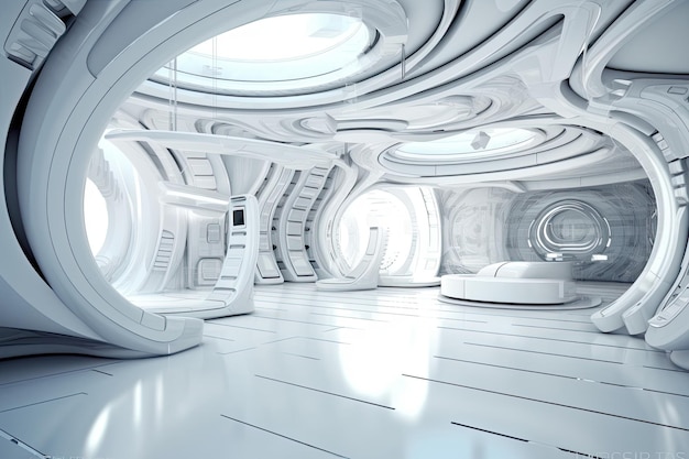 Stanza futuristica con pareti e pavimenti bianchi IA generativa