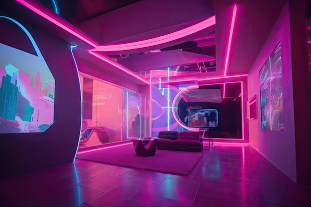 Stanza futuristica rosa con proiezioni olografiche di forme e colori vivaci