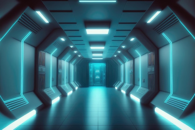 Stanza futuristica scifi vuota di astronave con decorazione a luce blu