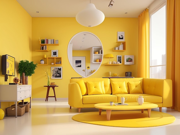 Stanza interna moderna 3d con colore giallo