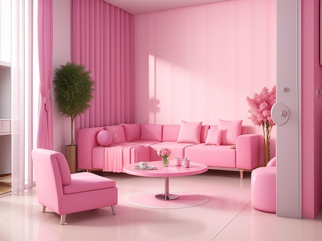 Stanza interna moderna 3d con colore rosa