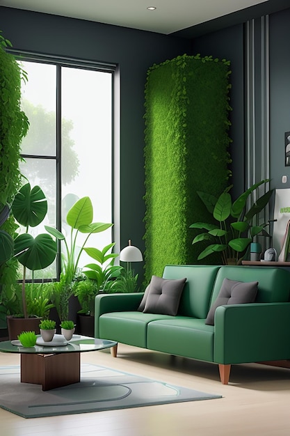 Stanza interna moderna 3d con piante verdi