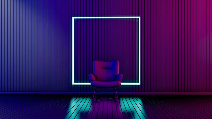 Stanza moderna con poltrona e linee luminose in una stanza vuota