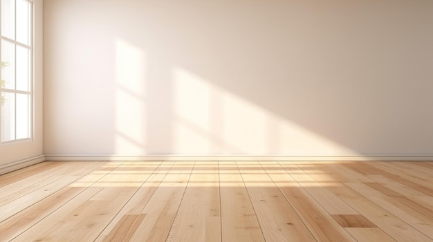 Stanza moderna vuota luminosa con pavimento in legno e luce solare