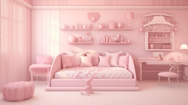 Stanza monocromatica per ragazze in colori rosa pastello Stanza per piccola principessa rosa