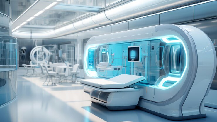 Stanza per pazienti futuristica dotata di tecnologia medica all'avanguardia