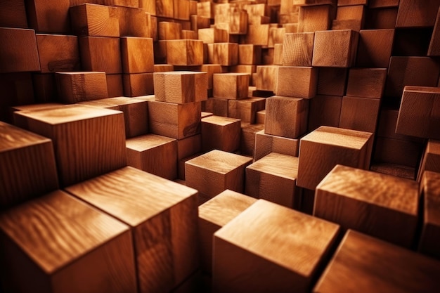 Stanza piena di tanti cubi di legno uno sopra l'altro IA generativa
