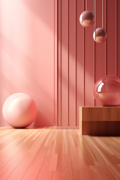 Stanza rosa con una mensola in legno e una sfera di vetro sullo scaffale.