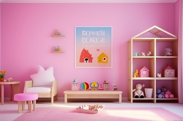 stanza rosa per bambini con parete rosa e interni rosa colore rosa mondo rosa generato dall'intelligenza artificiale Incredibile stanza rosa