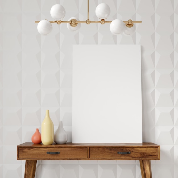 Stanza, tavolo e poster con motivo geometrico bianco
