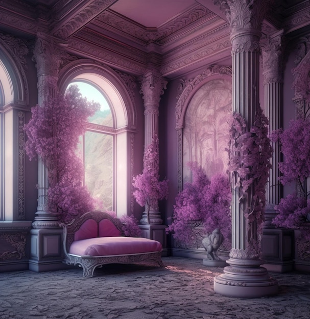 stanza viola con un divano rosa e una grande finestra ai generativa
