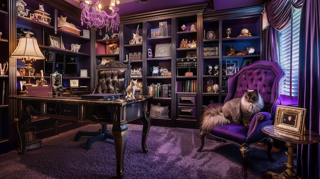stanza viola e nera con una sedia viola e una scrivania viola generativa ai