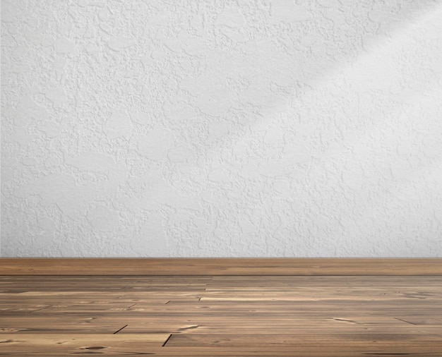 Stanza vuota bianca e pavimento in legno con ombre proiettate dalla luce del sole sulla vista della parete dell'interior design