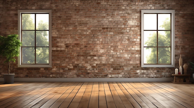 Stanza vuota con grande finestra in ombra morbida parete di mattoni leggeri e fondo di pavimento di legno