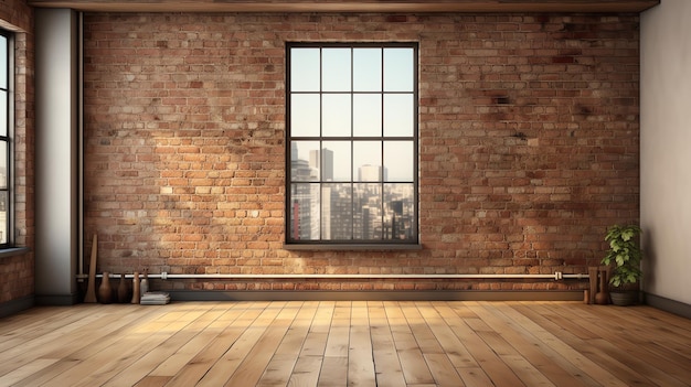 Stanza vuota con grande finestra in ombra morbida parete di mattoni leggeri e fondo di pavimento di legno