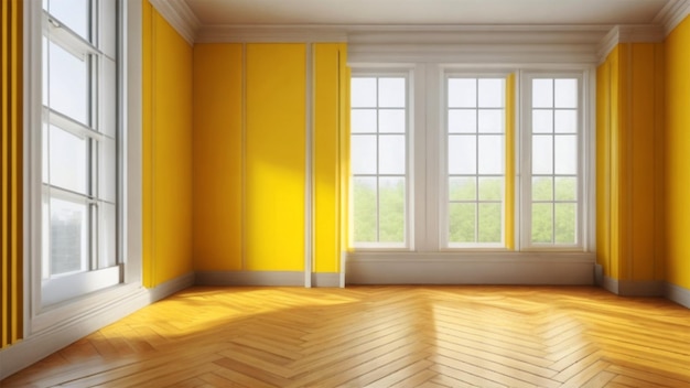 Stanza vuota con la finestra del pavimento in parquet della parete di colore arancione e cieco