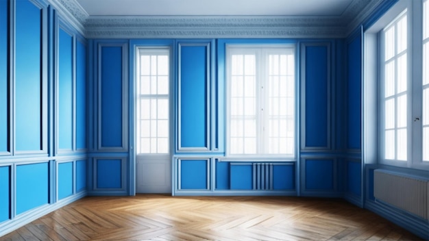Stanza vuota con la finestra e cieca del pavimento del parquet della parete di colore blu