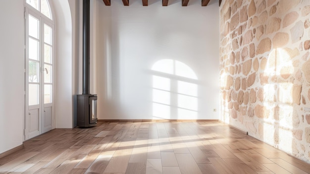 Stanza vuota con luce brillante e un camino, consistenza naturale e interior design minimalista