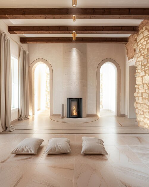 Stanza vuota con luce brillante e un camino, consistenza naturale e interior design minimalista