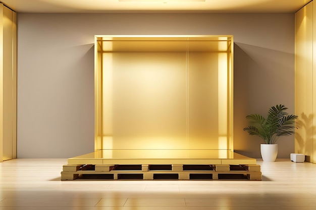 Stanza vuota con luce e ombra, un display quadrato in oro giallo rendering 3D