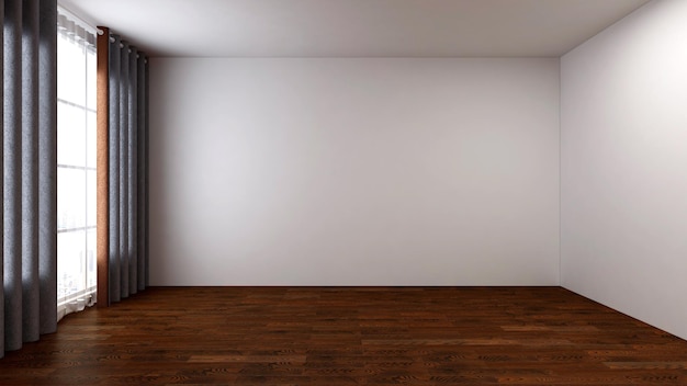 Stanza vuota con parete bianca pavimento in legno ampia finestra panoramica tenda marrone grigio scuro
