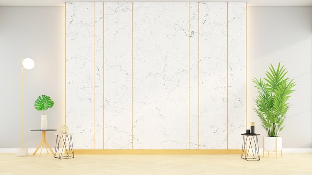 Stanza vuota con parete in marmo bianco e pavimento in legno, rendering 3D.
