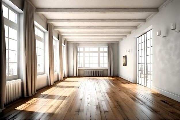 Stanza vuota con pavimento in legno rendering 3d stanza non ammobiliata con pavimento in legno nella vecchia casa vuota