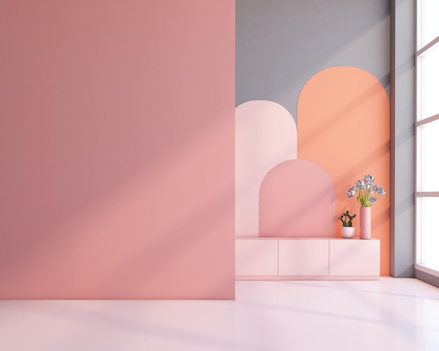 Stanza vuota con un design interno minimo e un rendering 3d della parete a colori dell'arco del modello della credenza